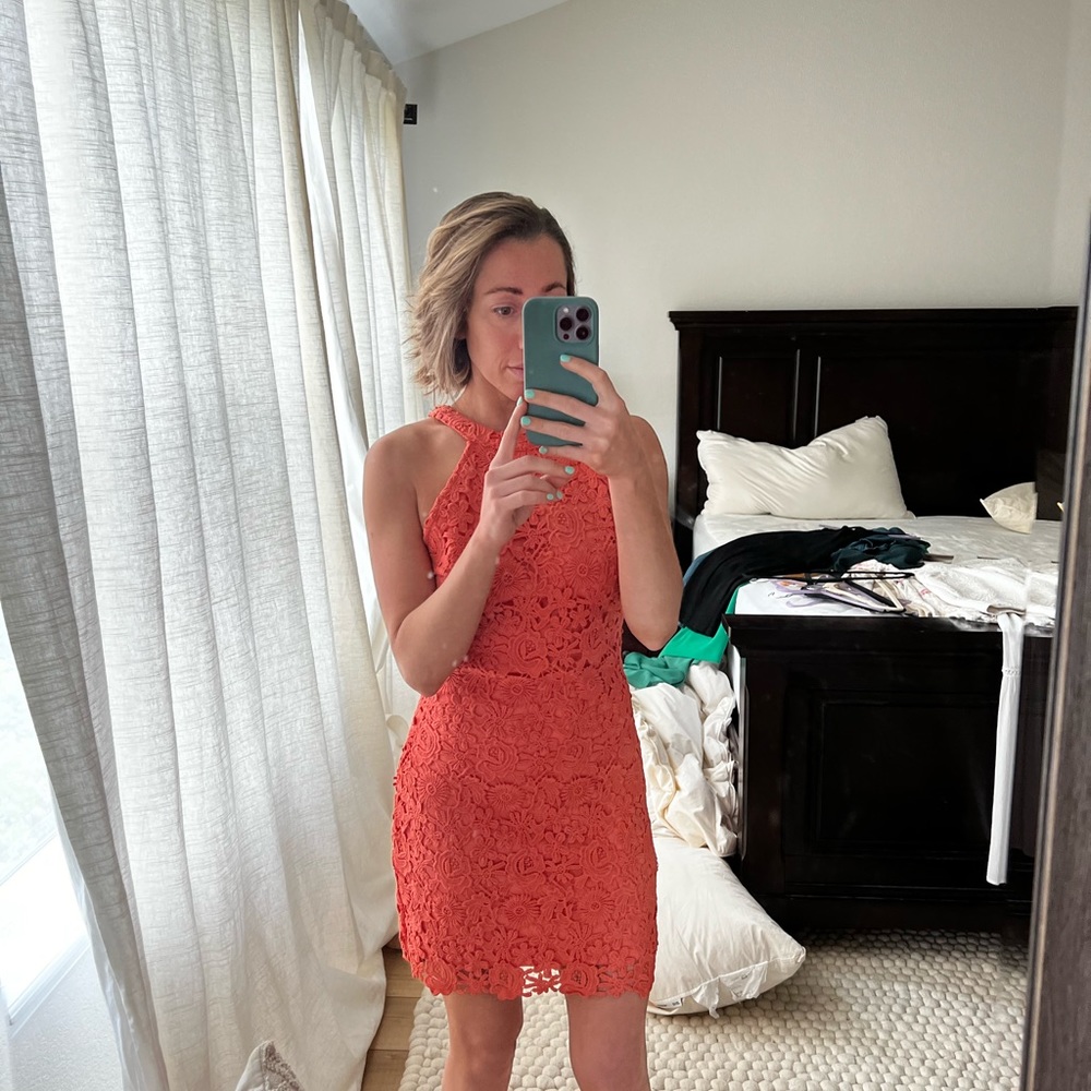 Lulus Love Poem coral orange lace mini dress